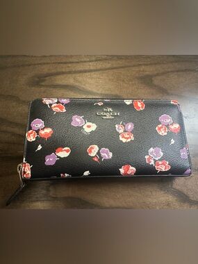 Coach Long Zip Around Wallet - Black with Floral Print